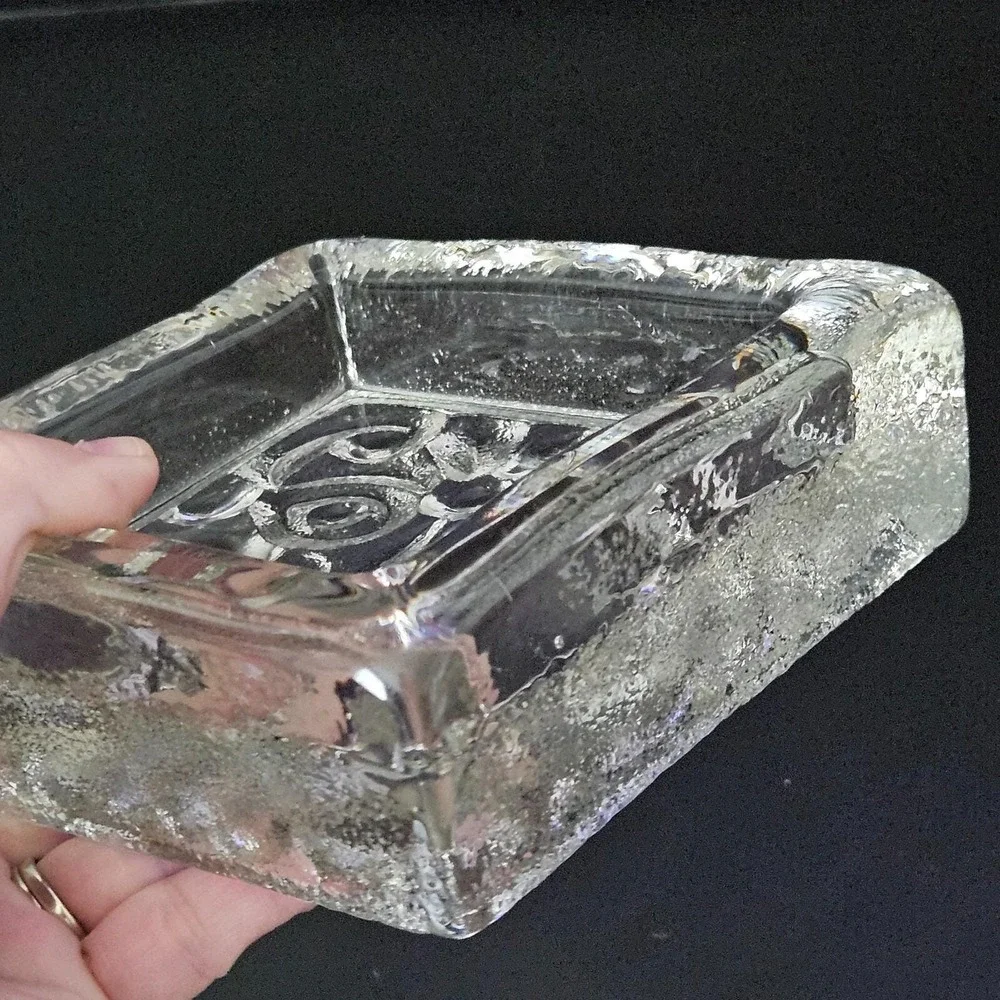 VTG Skruf Sweden Viking Face Heavy Block Square Crystal Dish '70s Lars Hellsten